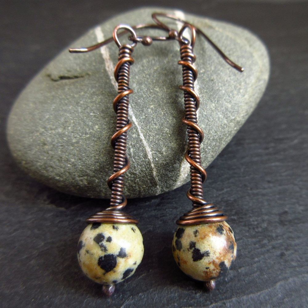 Copper Wirework Earrings with Dalmation Jasper Bead