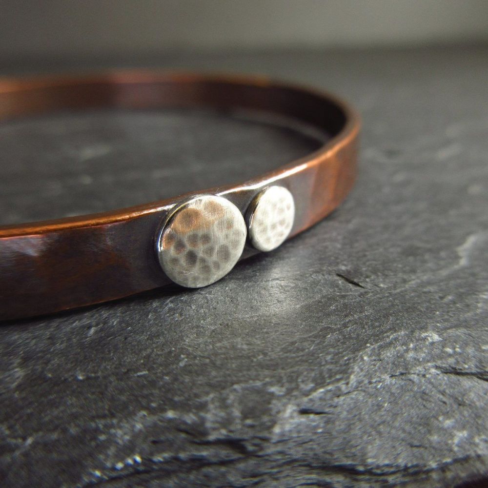 Hammered Copper Bangle with Silver Discs