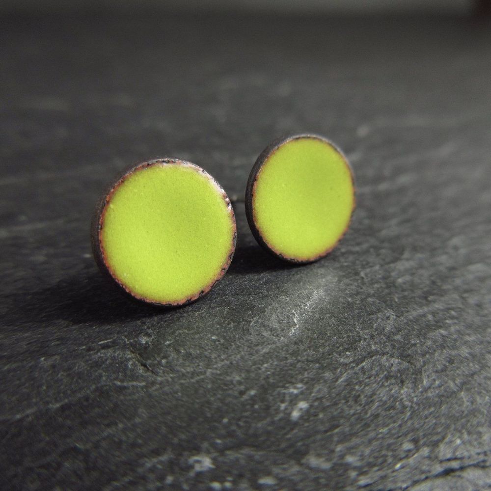 Bright Green Enamel Stud Earrings with Sterling Silver Posts