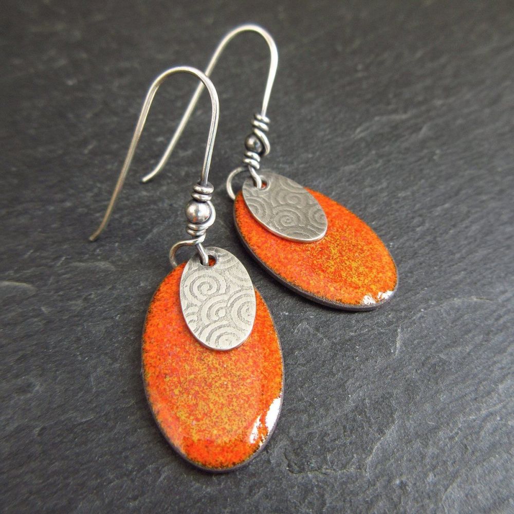 Sterling Silver and Orange Enamel Earrings
