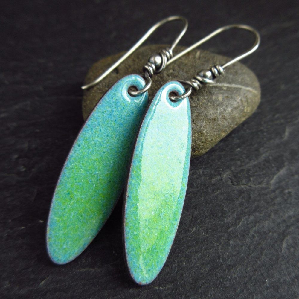 Turquoise and Green Oval Enamel Earrings