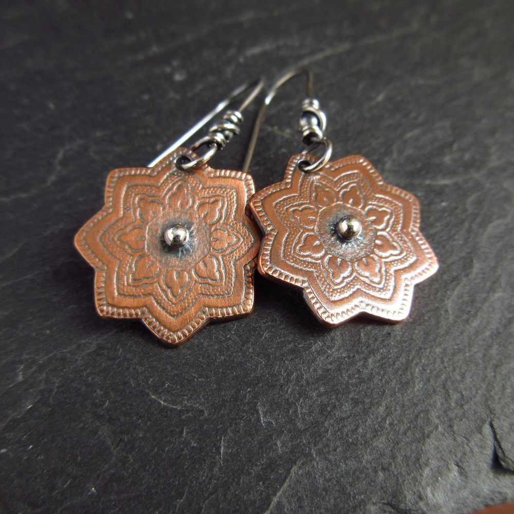 Handmade Copper Flower Earrings With Silver Ball
