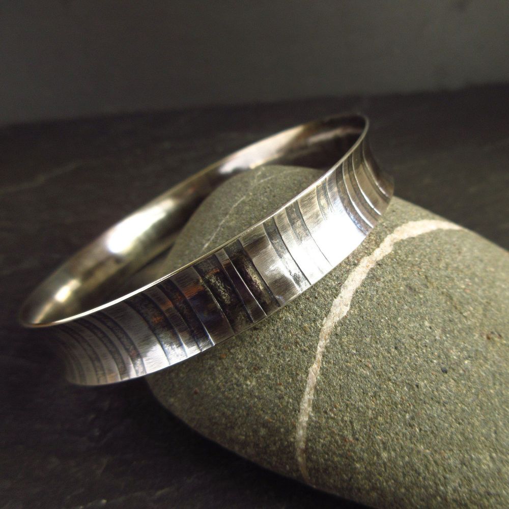 Curved Sterling Silver Bangle with Stripe Design