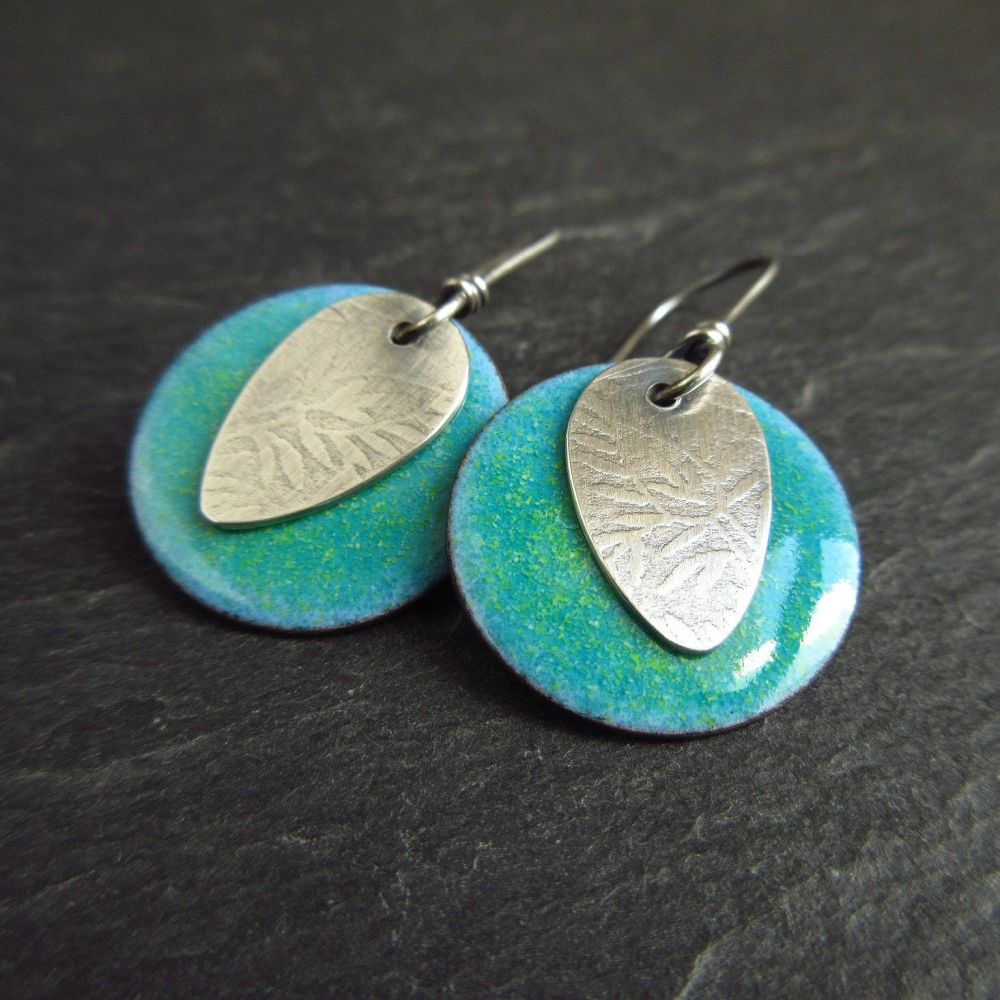 Turquoise and Green Enanel Earrings with Silver Leaf