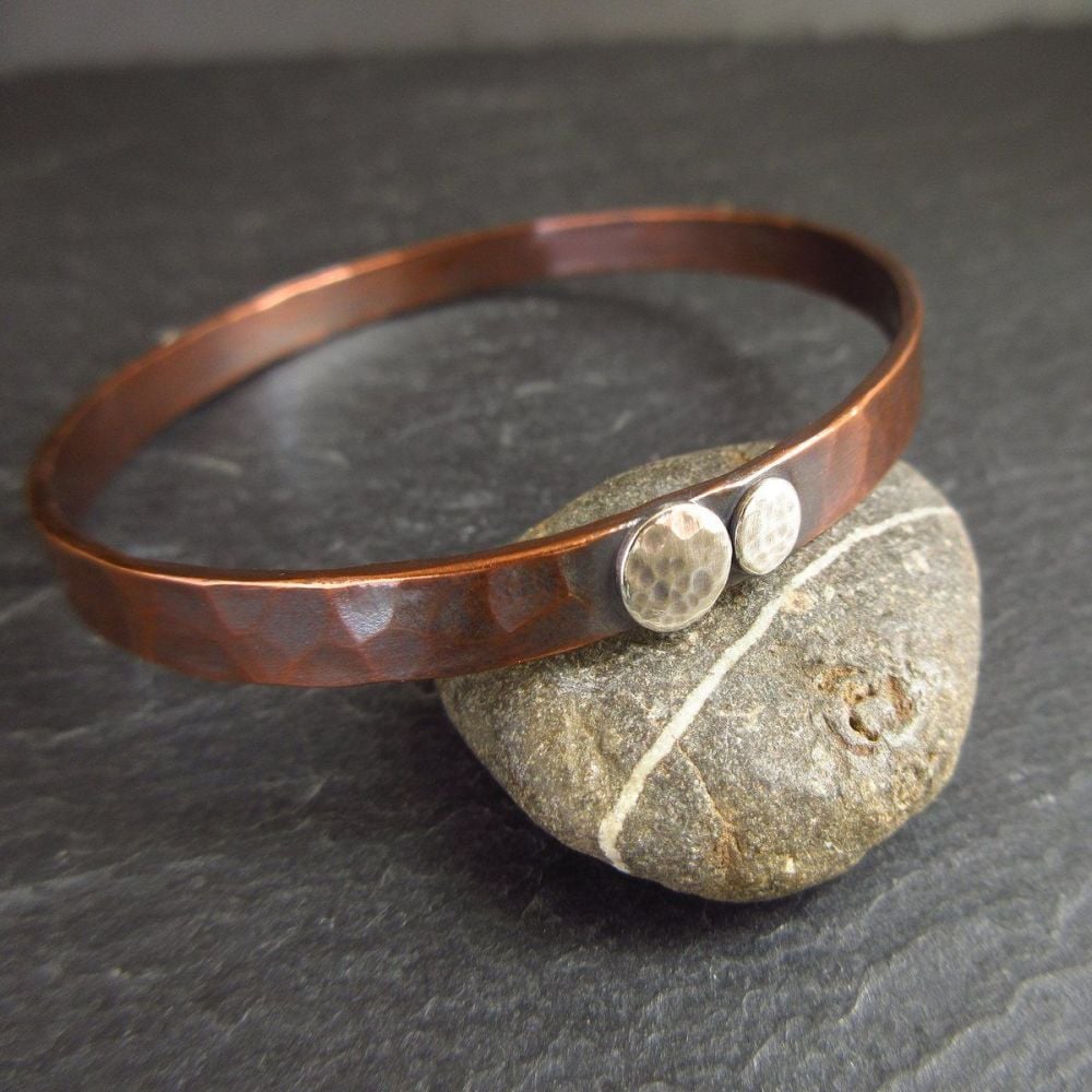 Hammered Copper Bangle with Silver Dscs