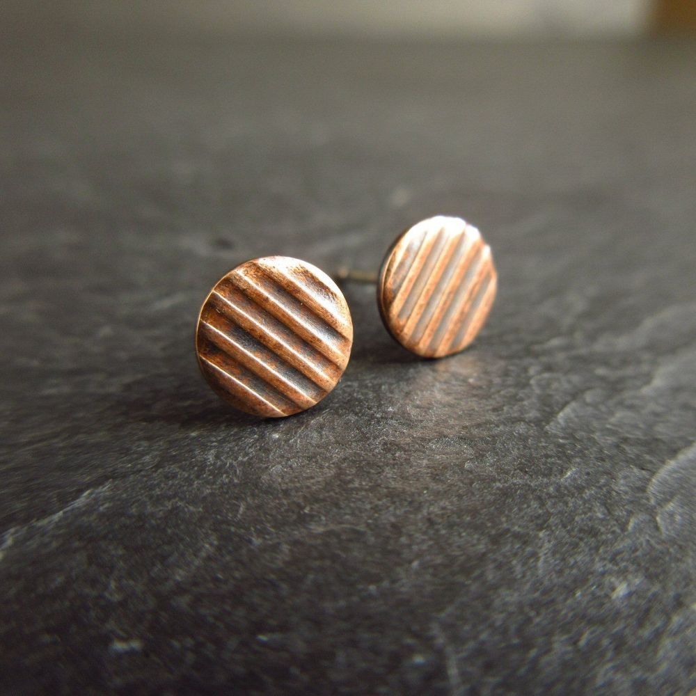 Bronze Stud Earrings with Stripe Pattern