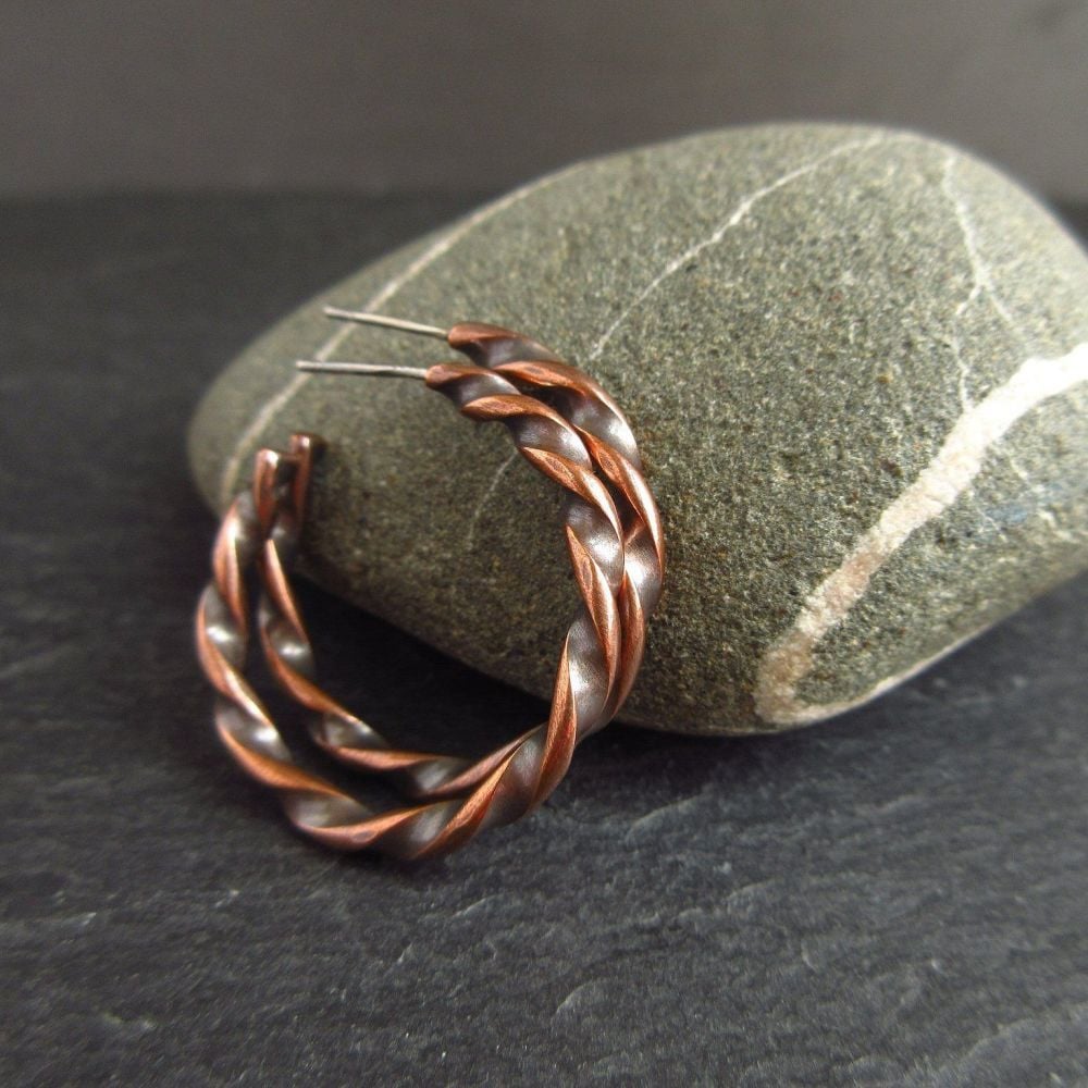 Twisted Copper Hoop Earrings With Post Fitting