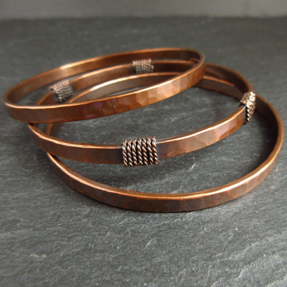 Hammered Copper Bangles with Twist Coil Decoration