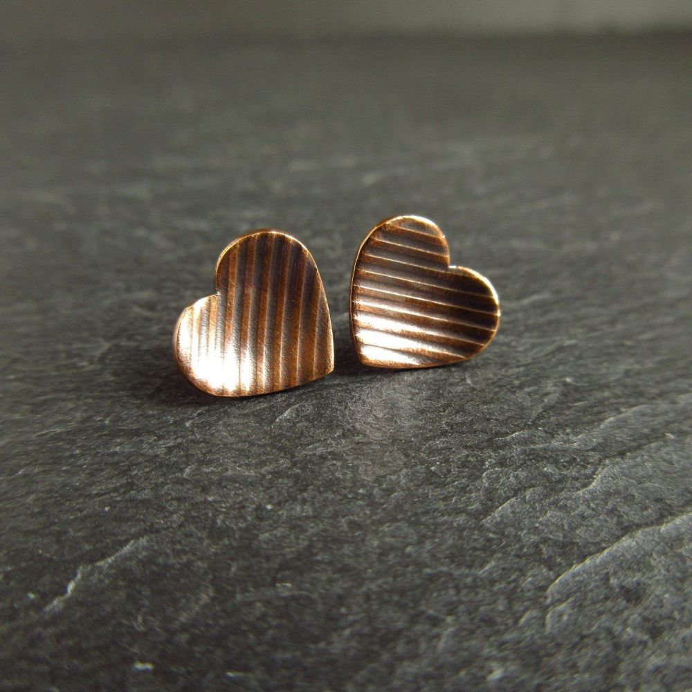 Bronze Heart Earrings with Stripe Pattern