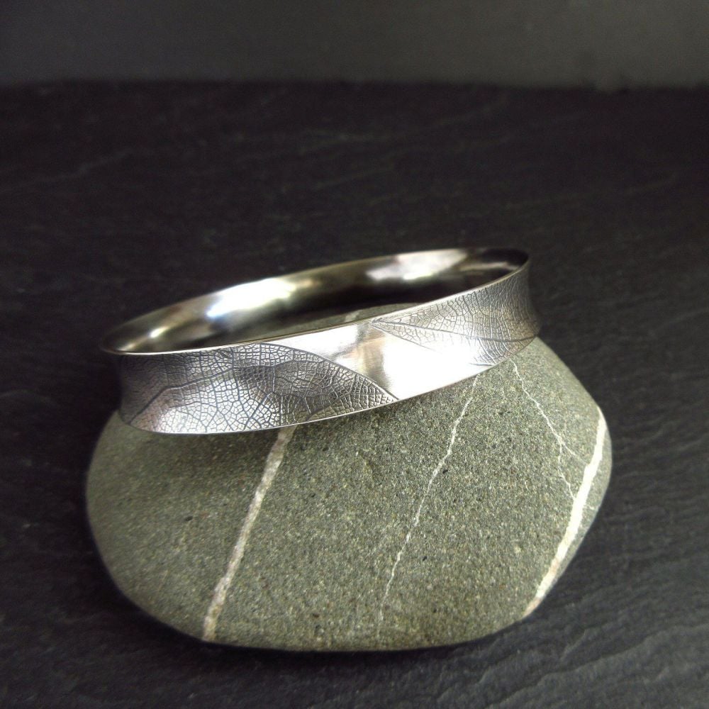 Oxidized Sterling Silver Bangle with Leaf Vein Texture