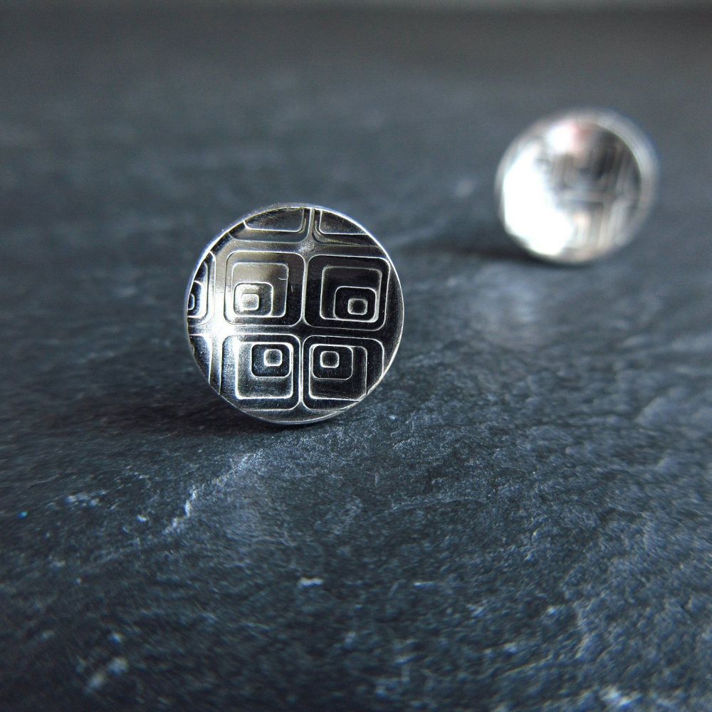 Sterling Silver Stud Earrings with Retro Square Pattern