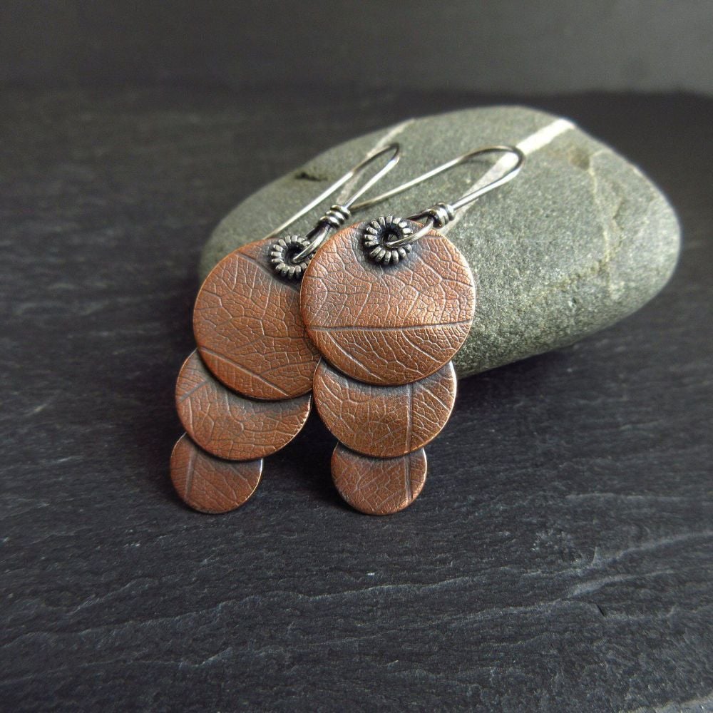 Copper Disc Earrings with Leaf Vein Texture