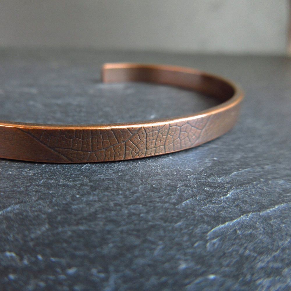 Copper Cuff Bracelet with Leaf Vein Texture - Engraving option