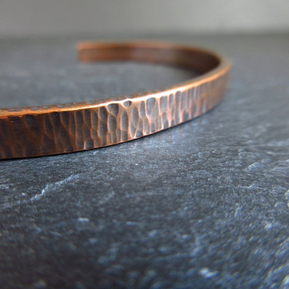 Copper Cuff Bracelet with Hammered Bark Texture - Engraving option