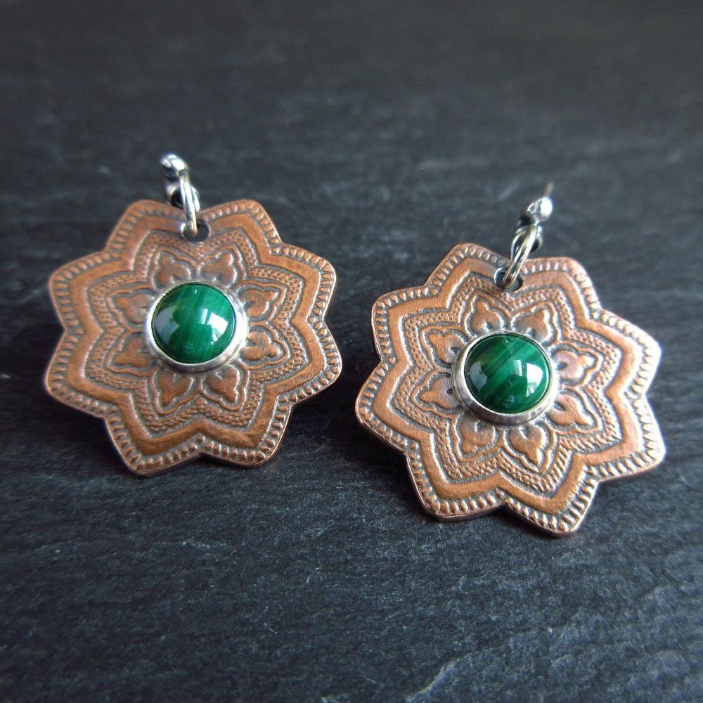 Copper and Malachite Flower Earrings