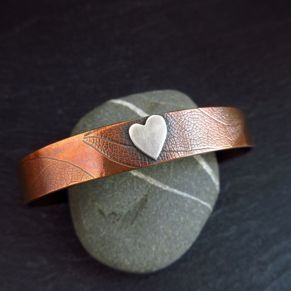 Copper Cuff Bracelet with Sterling Silver Heart