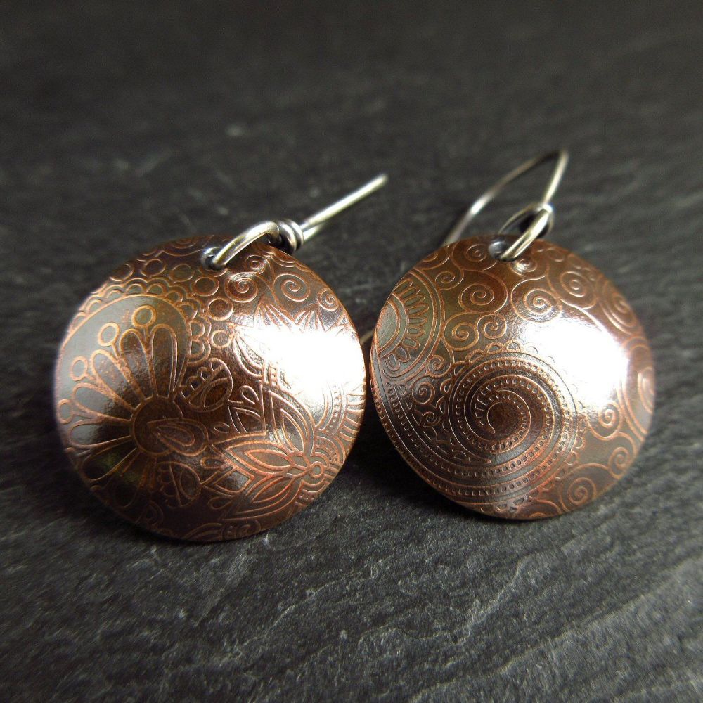 Bronze Domed Disc Earrings with Patterned Design