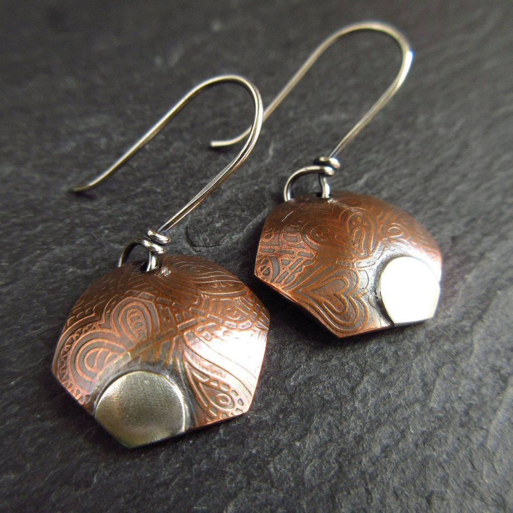Hexagon Shape Copper Earrings with Silver Detail