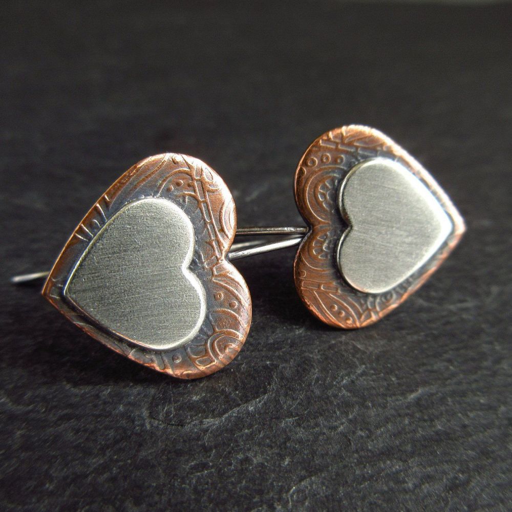 Sterling Silver and Copper Double Heart Earrings