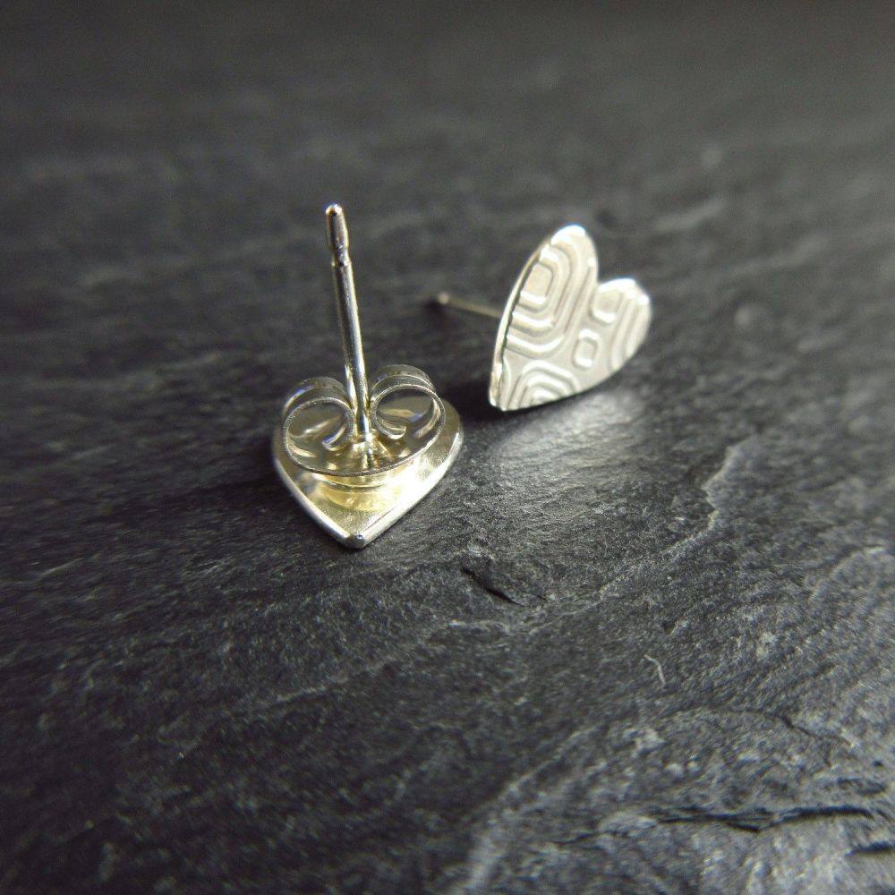 Heart Shape Sterling Silver Studs with Retro Style Square Pattern