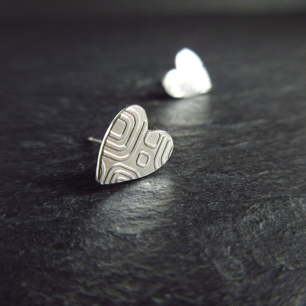 Heart Shape Sterling Silver Studs with Retro Style Square Pattern