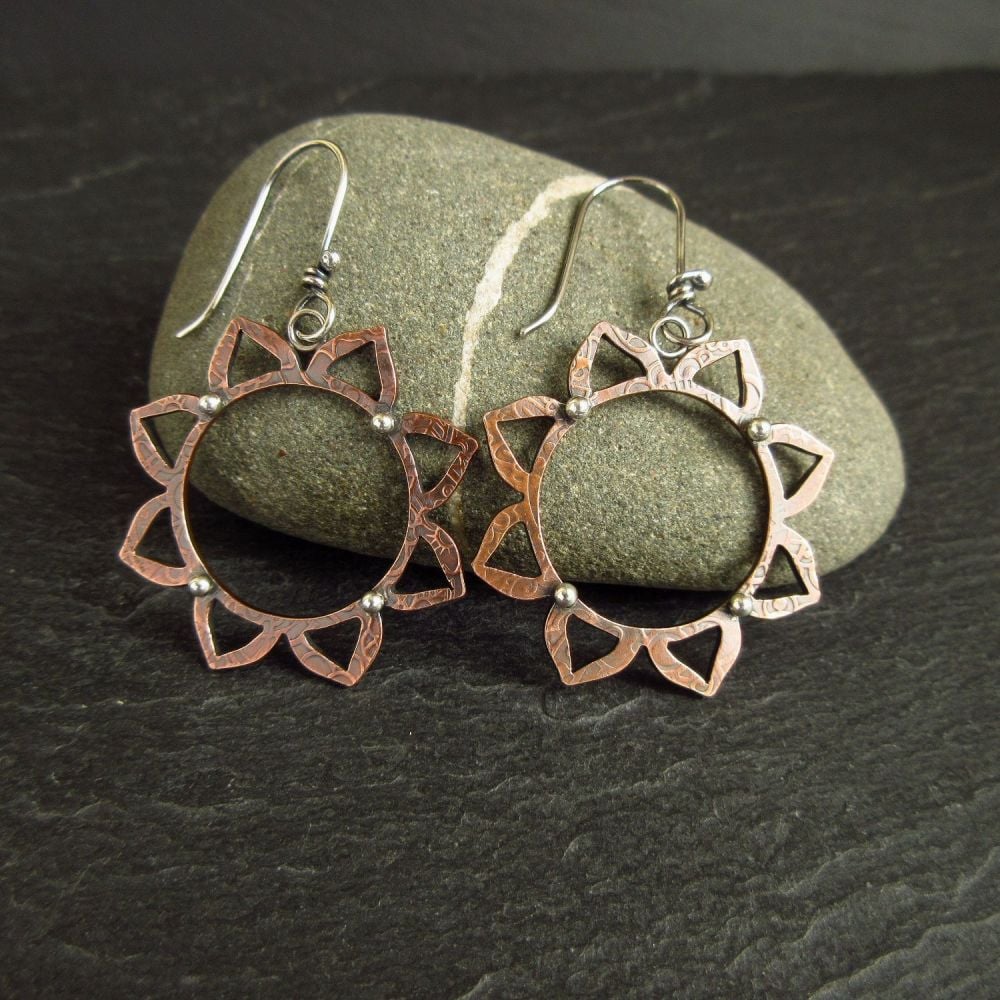 Mandala Flower Copper Earrings with Silver Ball Decoration