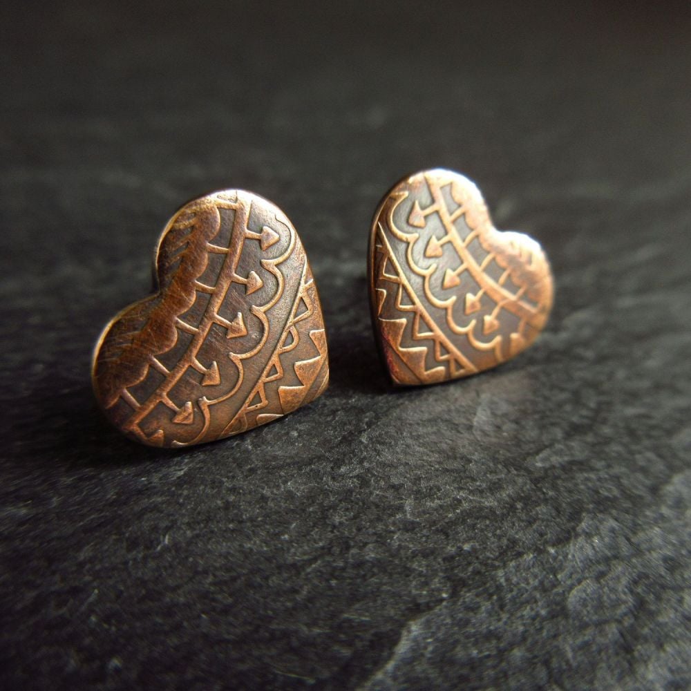 Bronze Heart Shape Earrings with Arrow and Zigzag Pattern