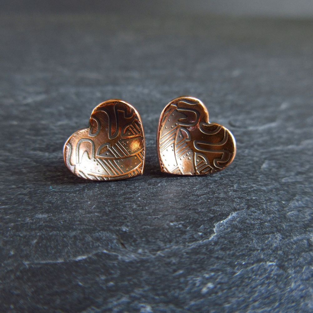 Copper Heart Shape Stud Earrings with Pattern For Women