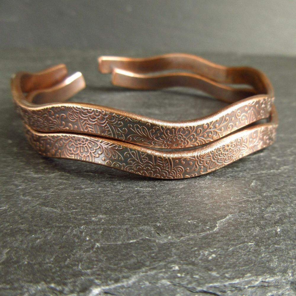 Two Patterned Wavy Bronze Bangles Open Design 