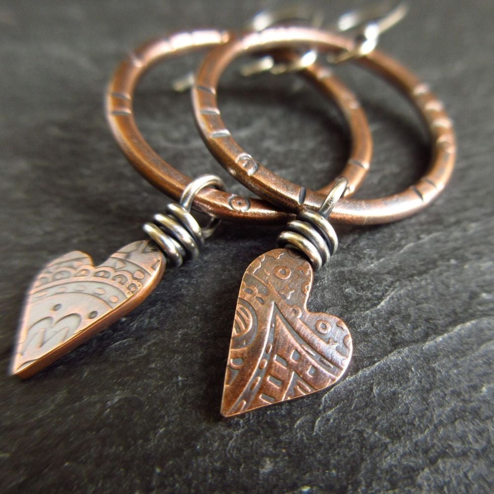Bronze Hoop Earrings with Heart Dangle