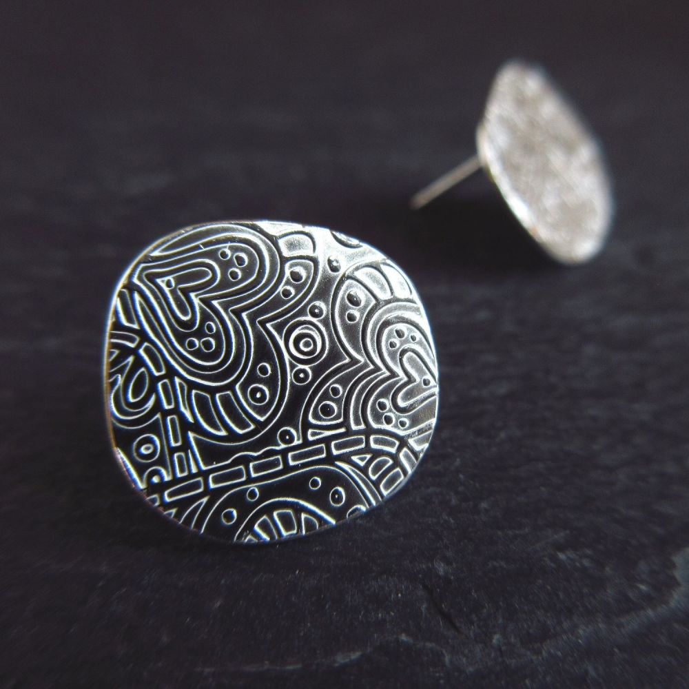 Sterling Silver Pebble Studs with Heart  Pattern