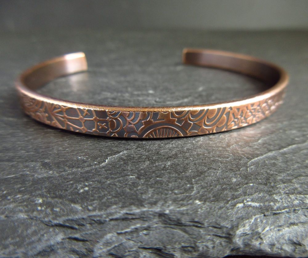 Handmade Bronze Cuff Bracelet with Pattern Detail - Engraving option