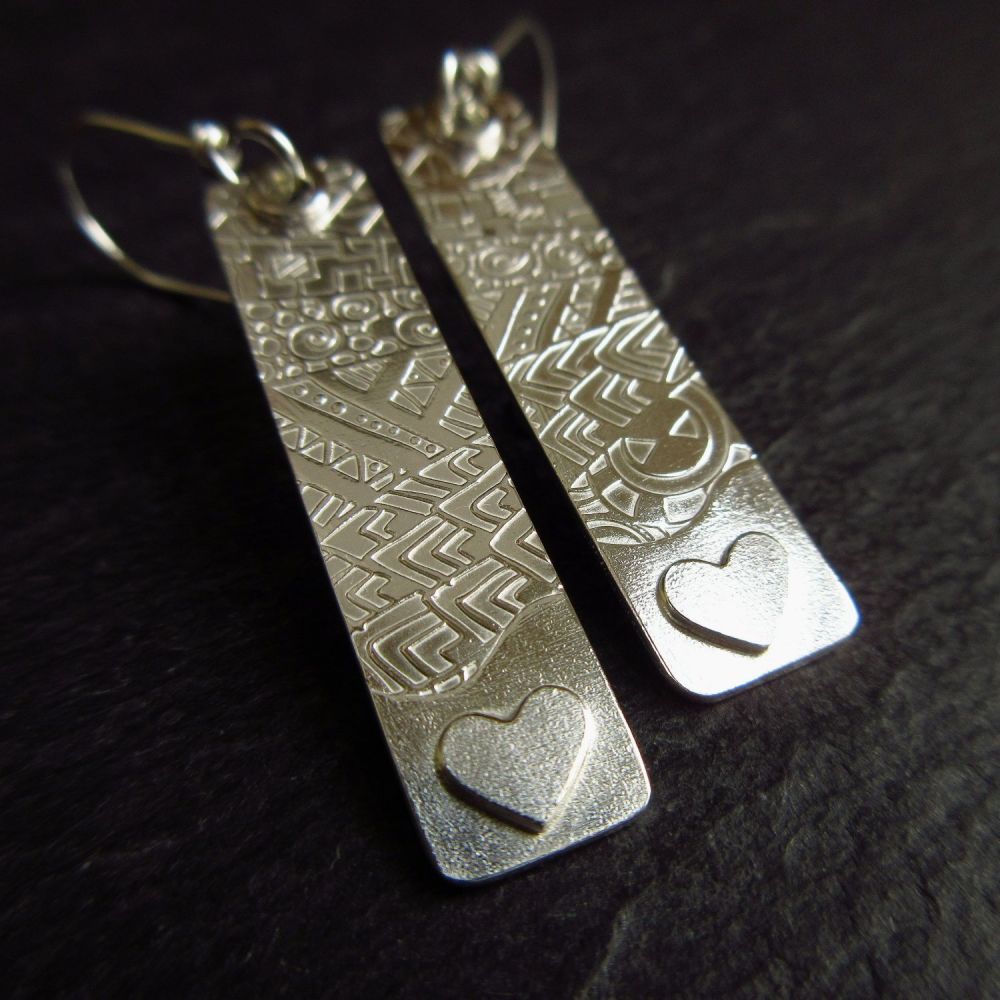 Sterling Silver Earrings with Silver Hearts and Pattern Texture