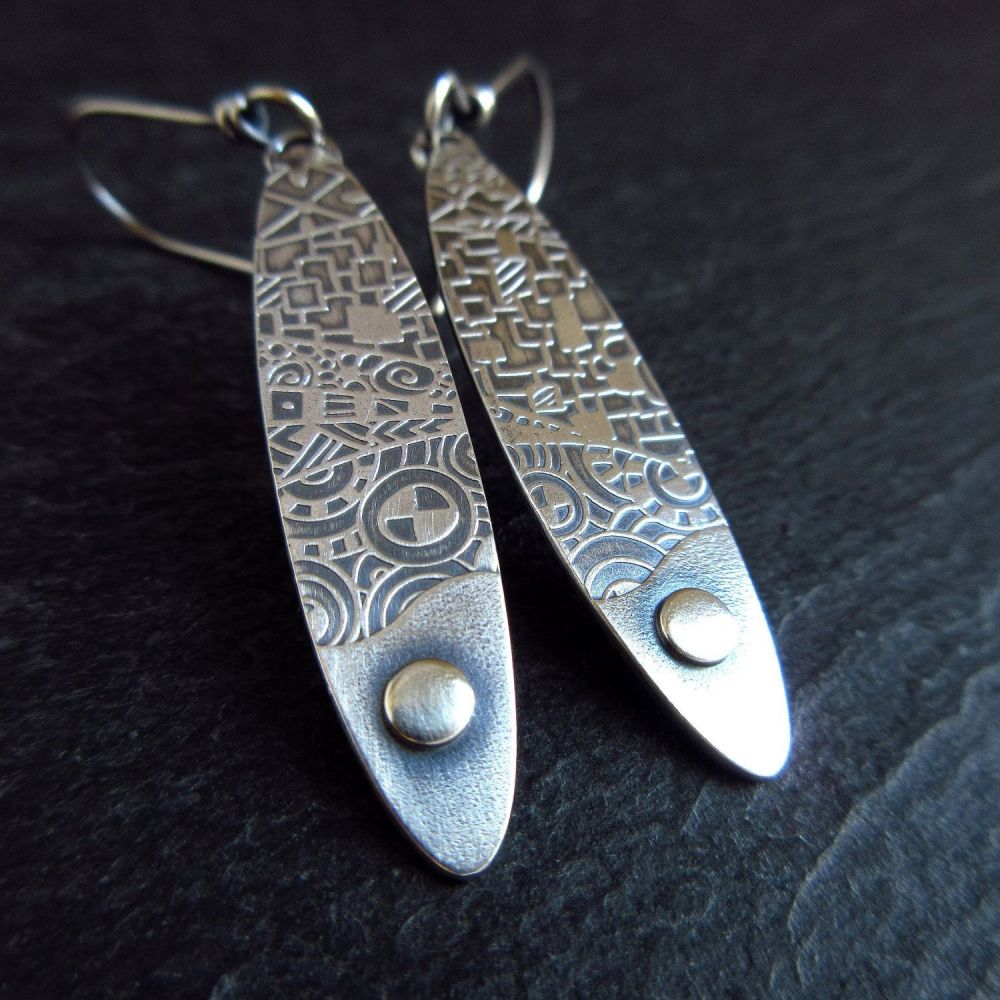 Sterling Silver Oval Earrings with Silver Dot and Pattern Texture
