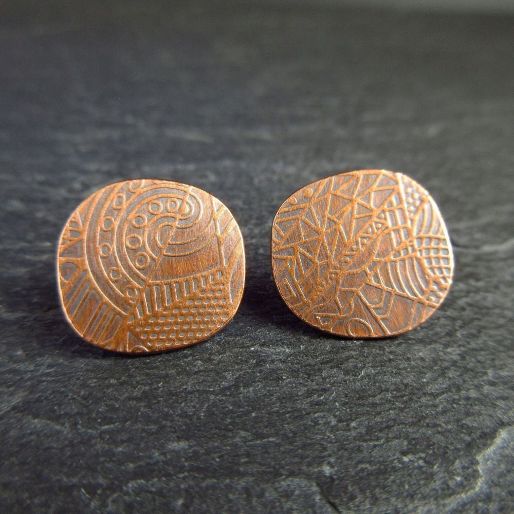 Copper Pebble Shape Stud Earrings with Doodle Pattern 