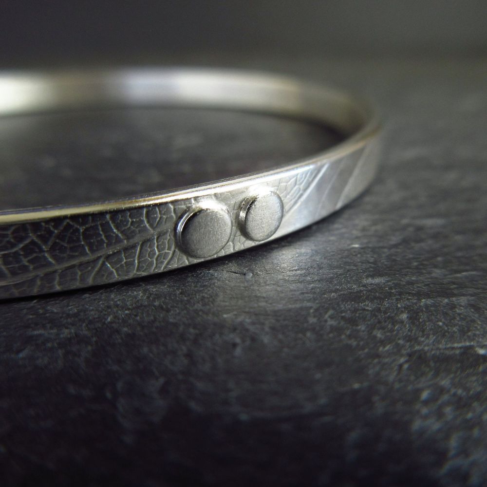 Sterling Silver Bangle with Silver Dots and Leaf Vein Texture
