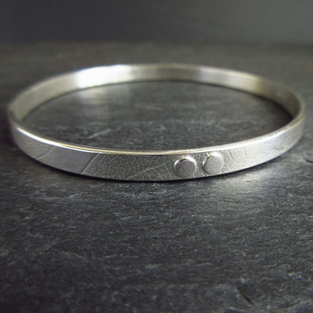 Sterling Silver Bangle with Silver Dots and Leaf Vein Texture