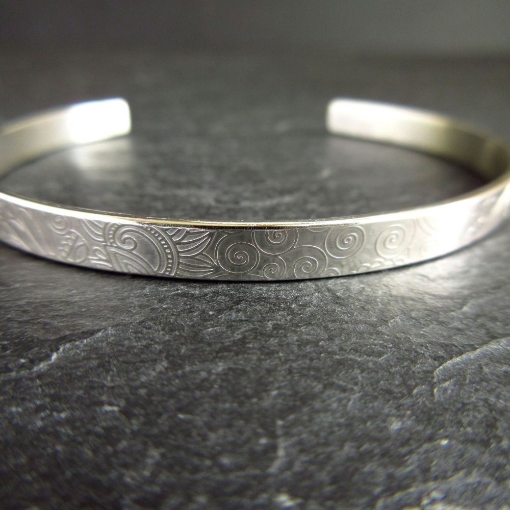 Sterling Silver Cuff Bracelet with Spiral Doodle Pattern