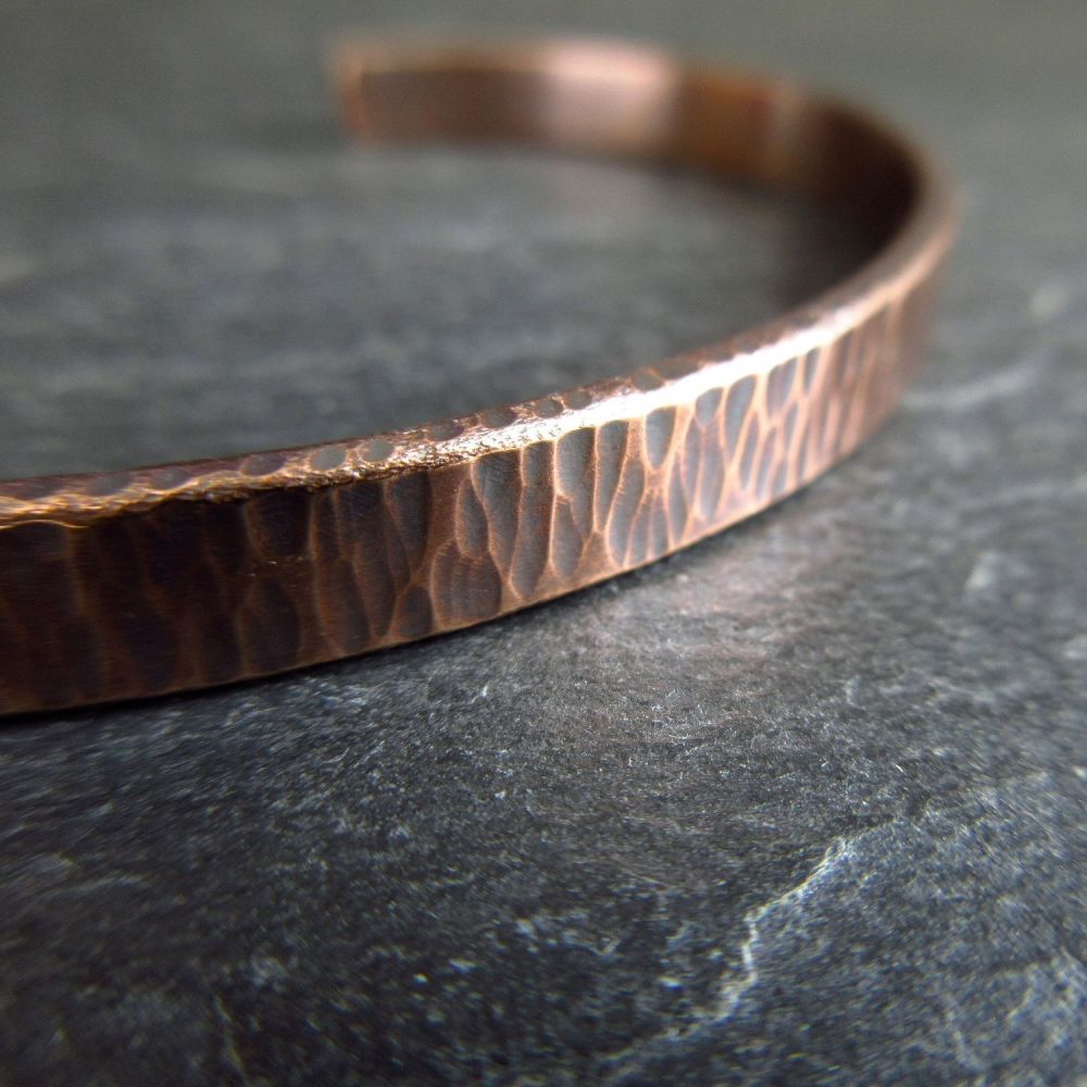 Bronze Cuff Bracelet with Hammered Bark Texture - Engraving option