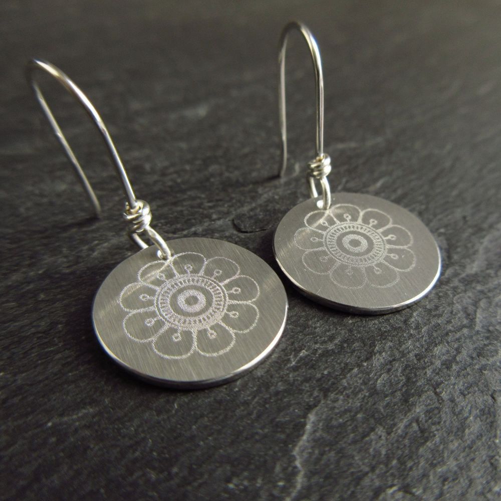 Stainless Steel Disc Earrings with Daisy Design