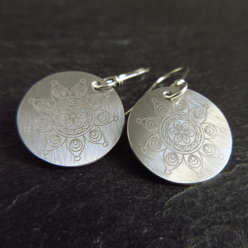 Stainless Steel Disc Earrings with Flower Design