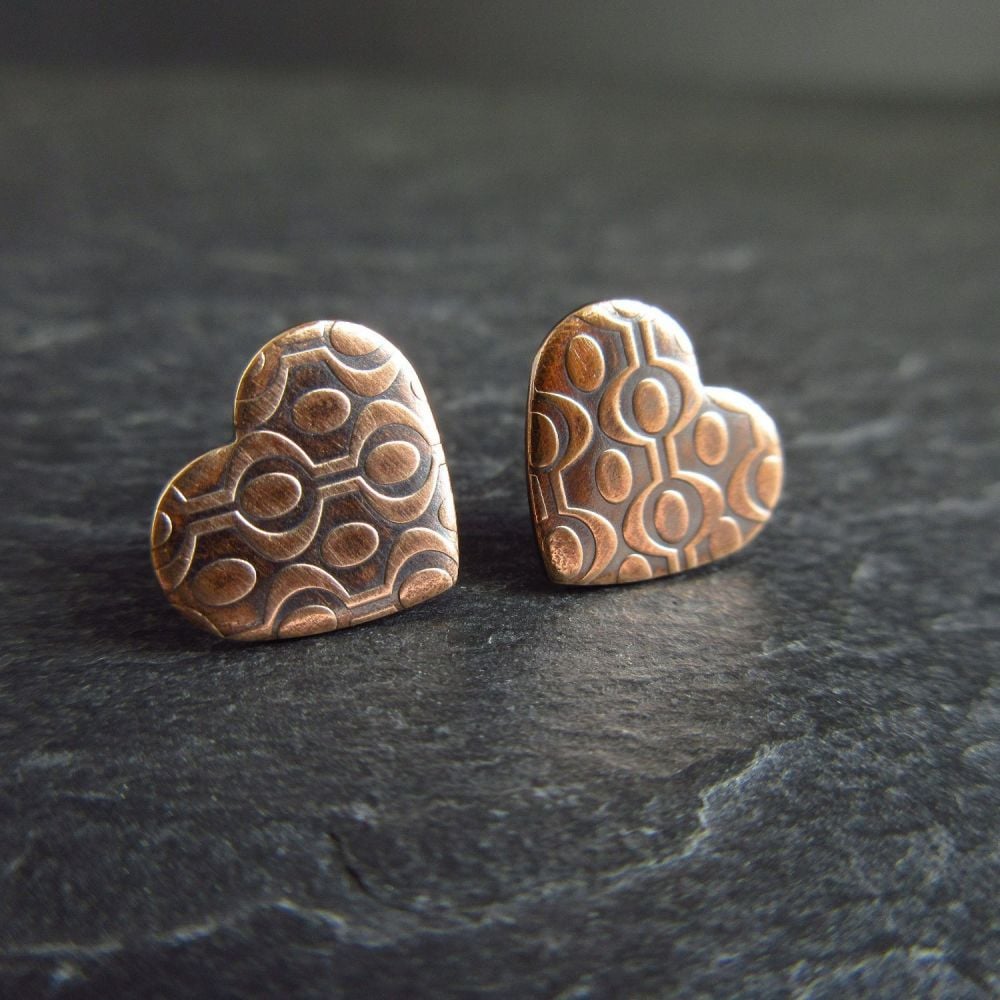 Bronze Heart Shape Earrings with Embossed Design