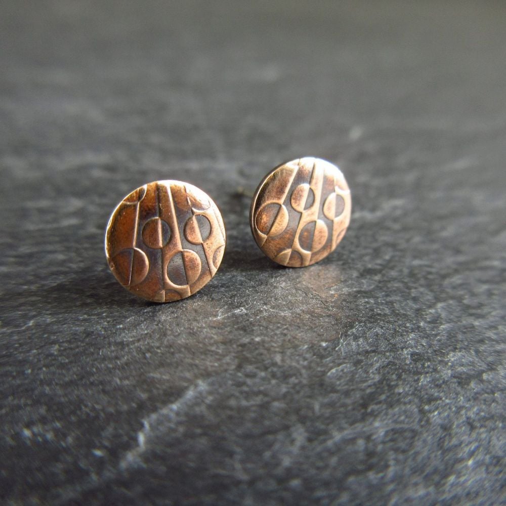 Round Bronze Stud Earrings with Geometric Circle Pattern