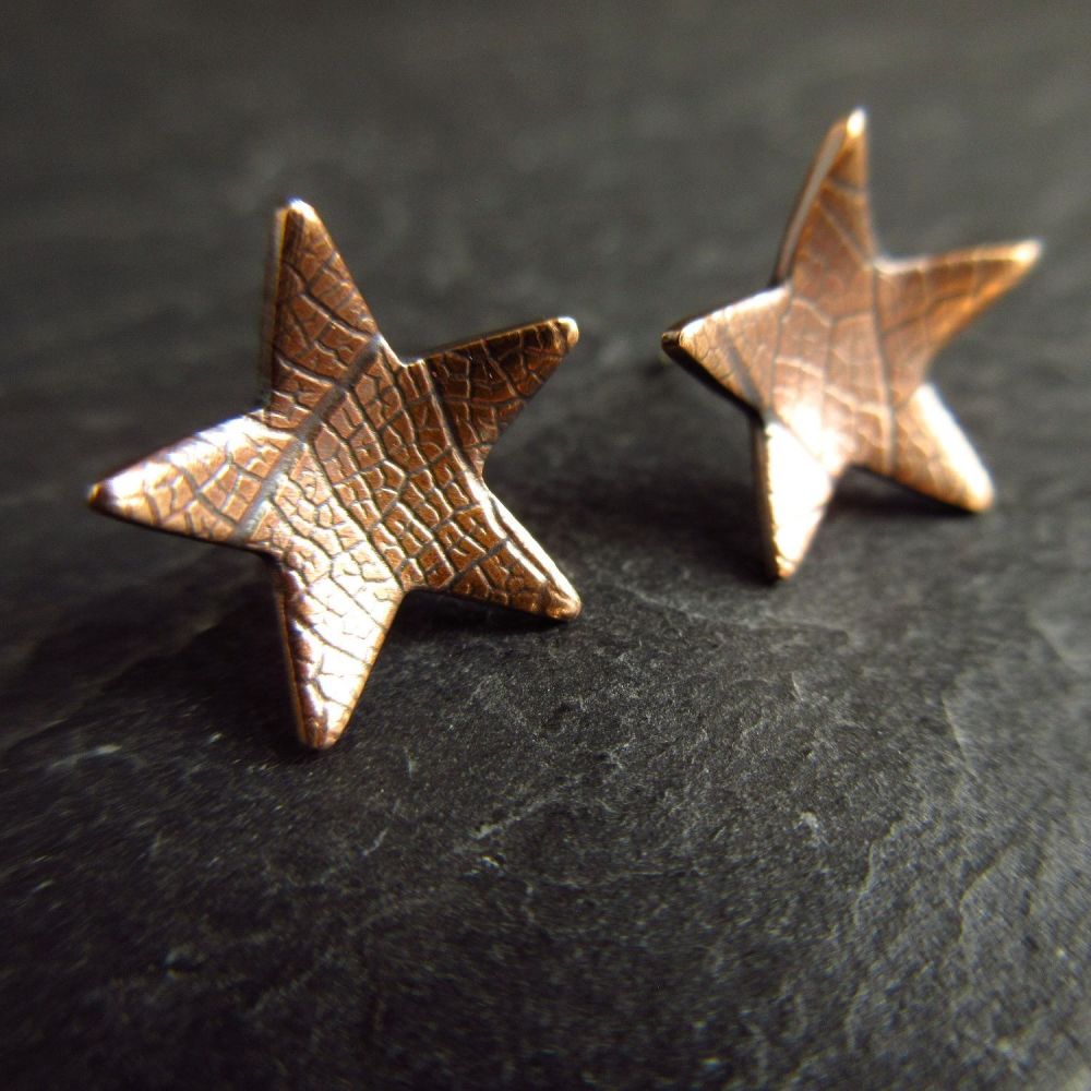 Bronze Star Stud Earrings with Leaf Vein Texture