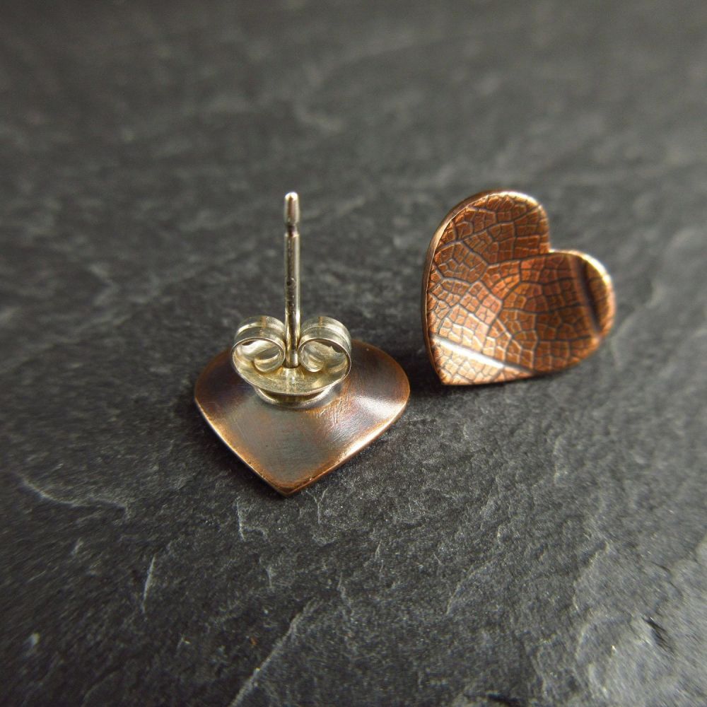 Bronze Heart Shape Stud Earrings with Leaf Vein Texture