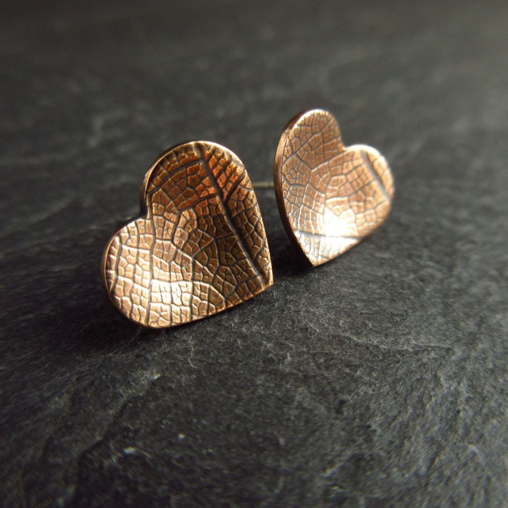 Bronze Heart Shape Stud Earrings with Leaf Vein Texture