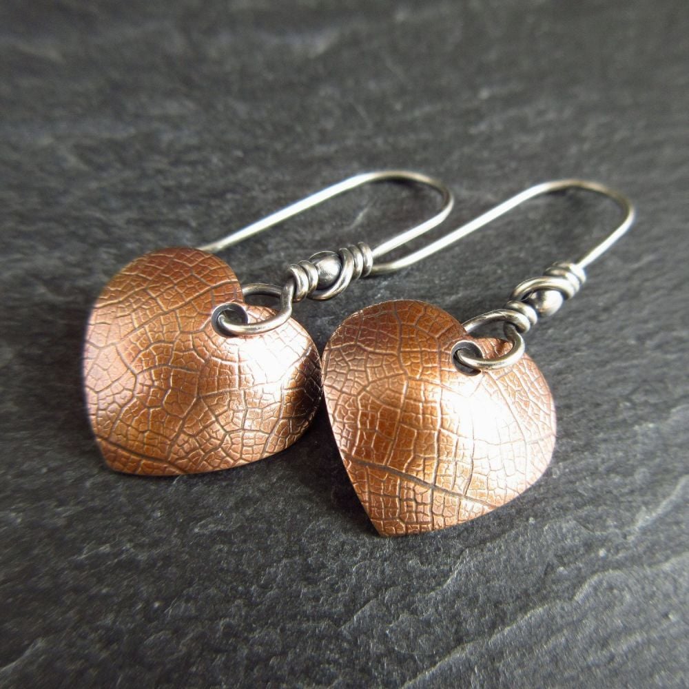 Bronze Heart Earrings with Leaf Vein Pattern and Sterling Silver Earwires