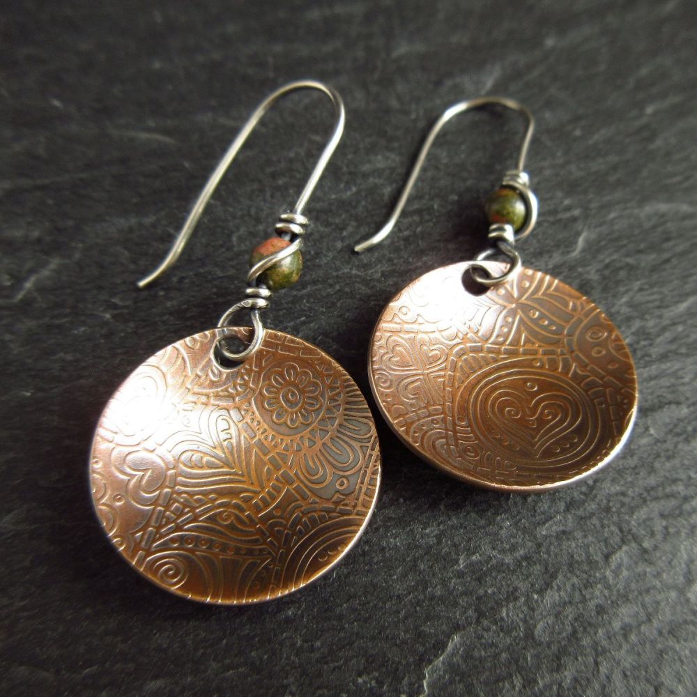 Patterned Bronze Disc Earrings with Unakite Bead