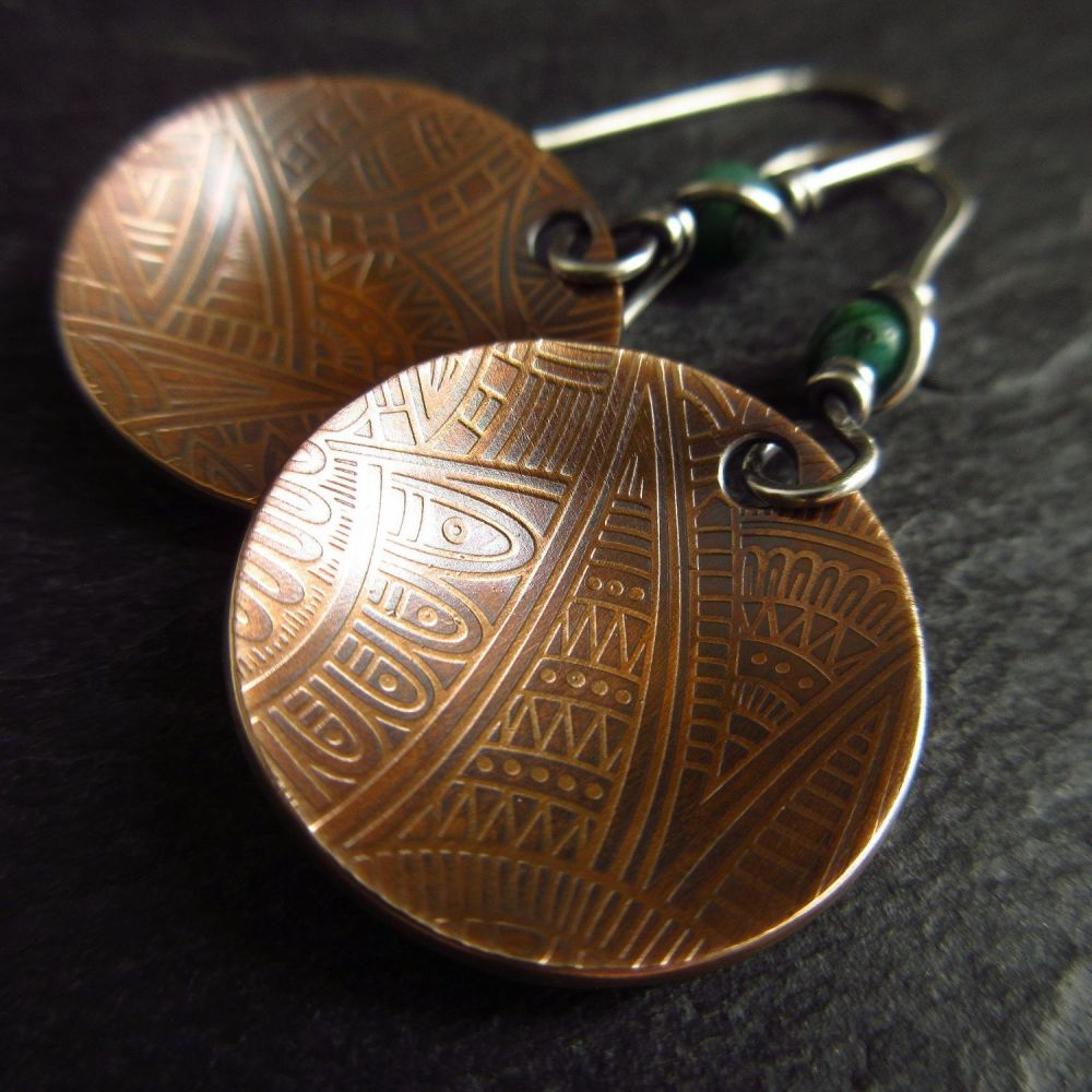 Genuine Bronze Disc Earrings with Tribal Style Pattern