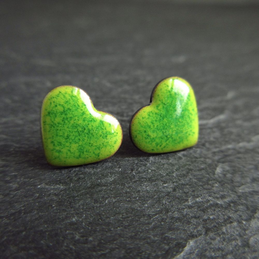 Green Enamel Heart Stud Earrings with Sterling Silver Posts